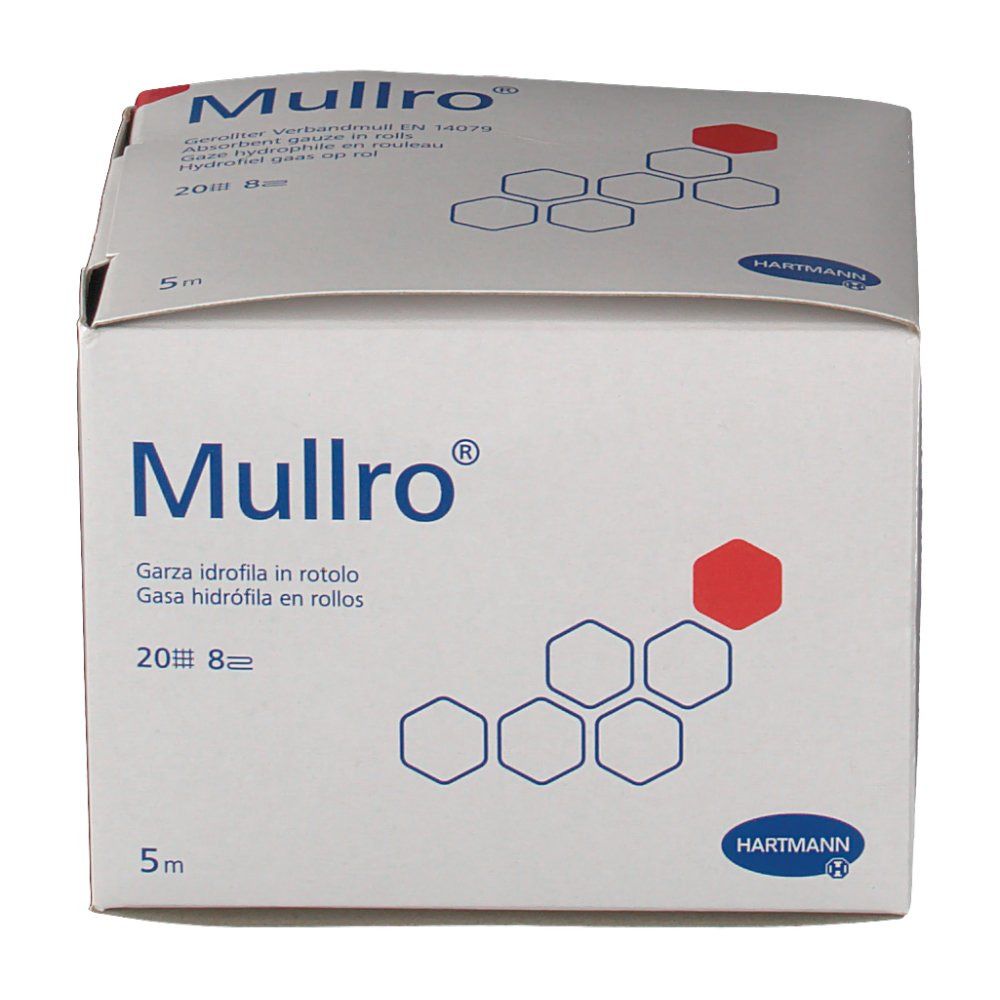 Boîte Hartmann Mullro®. Boîte blanche avec nom et logo du produit. Rouleau de 5m, 20 fils, 8 plis.