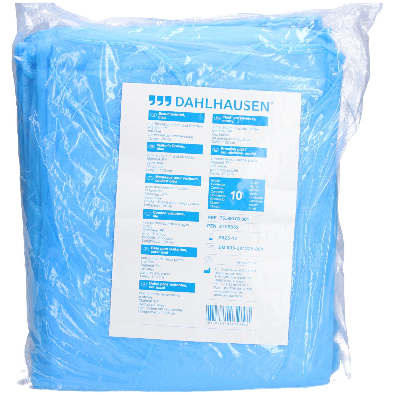 Blouse de visiteur bleue, emballée dans du plastique. Impression avec informations produit et "10". Marque : DAHLHAUSEN.
