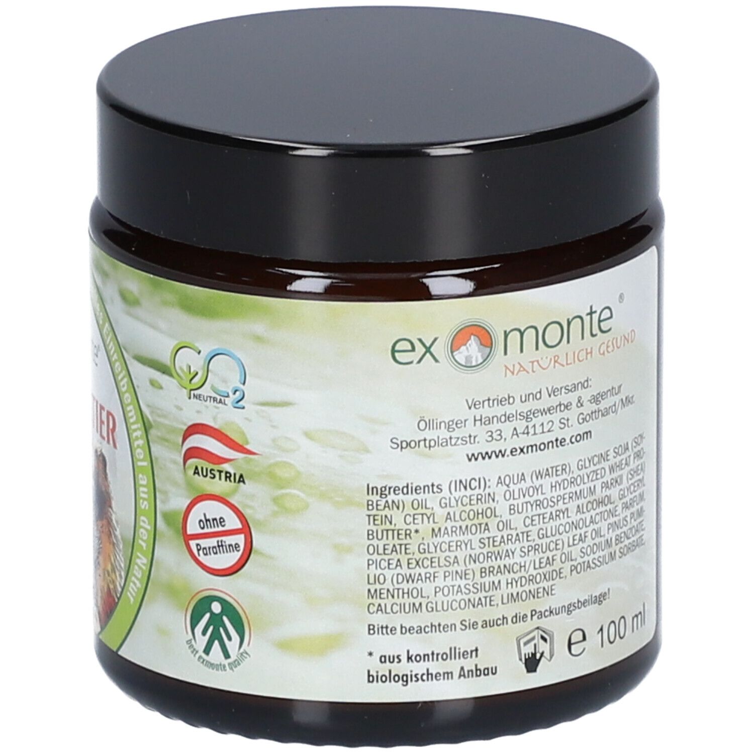 Pot brun avec couvercle noir. Dos avec texte. Inscription: Murmeltiersalbe, 100 ml. Marque: exmonte.