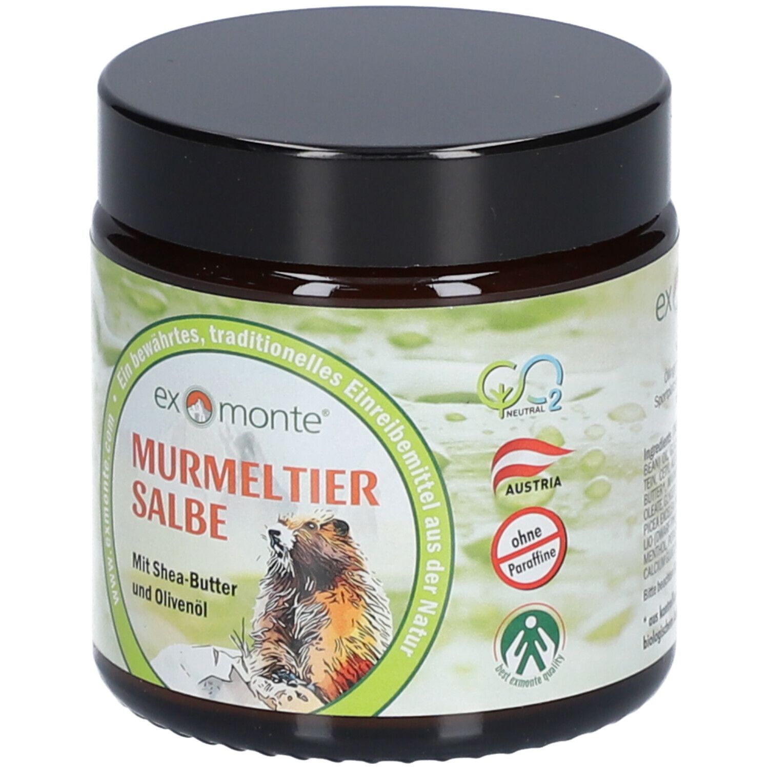 Pot brun avec couvercle noir. Inscription: Murmeltiersalbe, illustration de marmotte, sans paraffines. Sceau: Autriche.