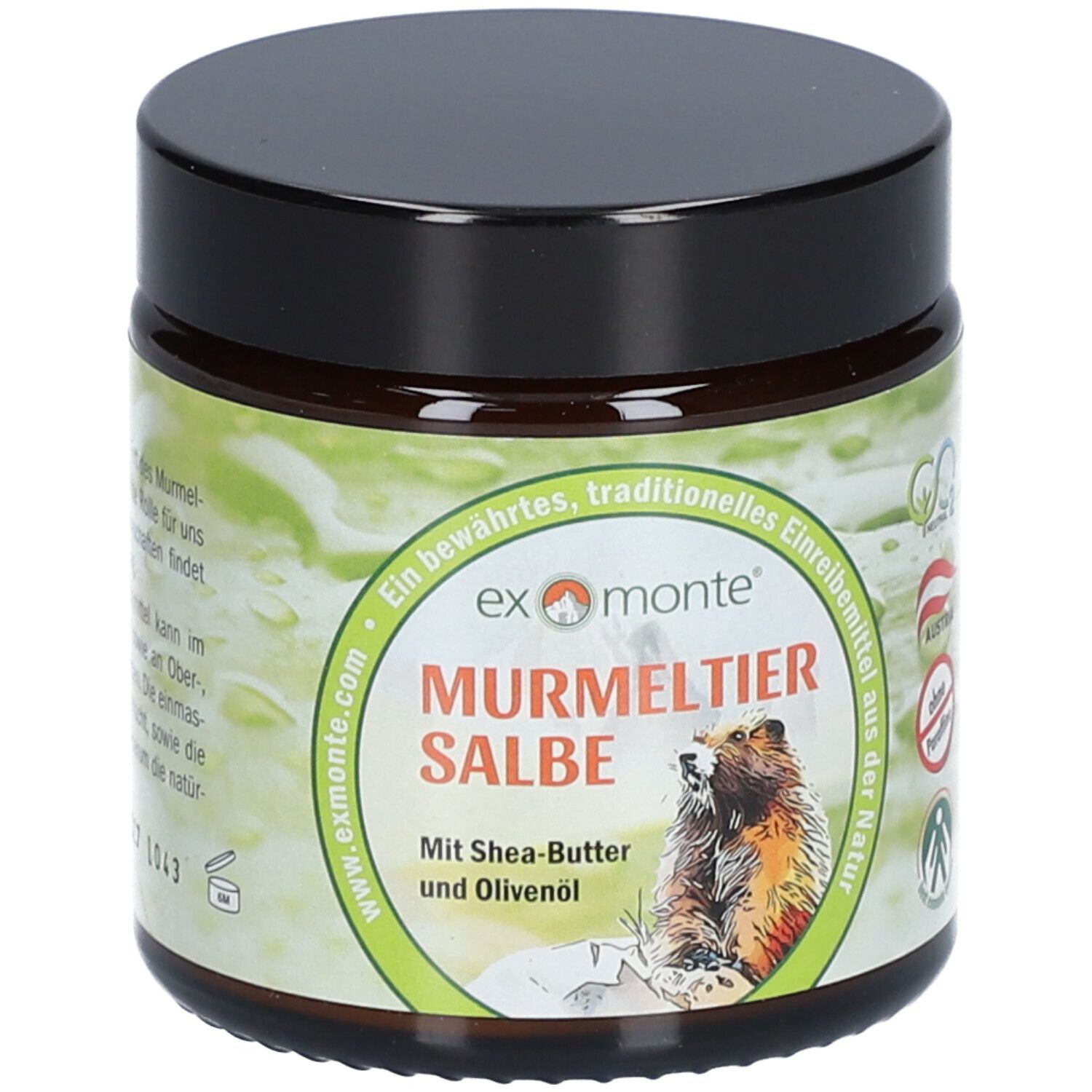 Pot brun avec couvercle noir. Inscription: Murmeltiersalbe, illustration de marmotte, sans paraffines. Sceau: Autriche.