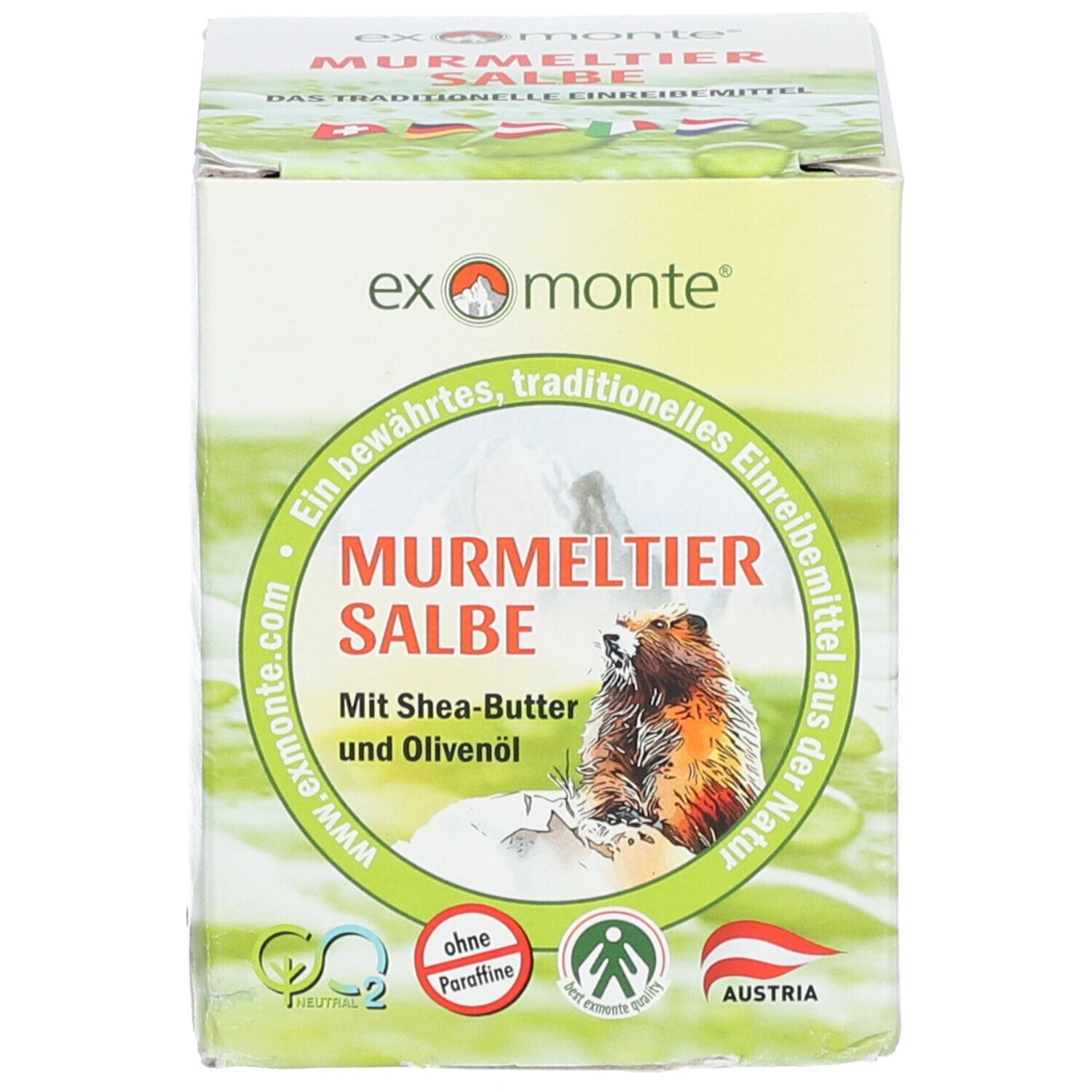 Boîte. Inscription: Murmeltiersalbe, illustration de marmotte, sans paraffines. Sceau: Autriche.