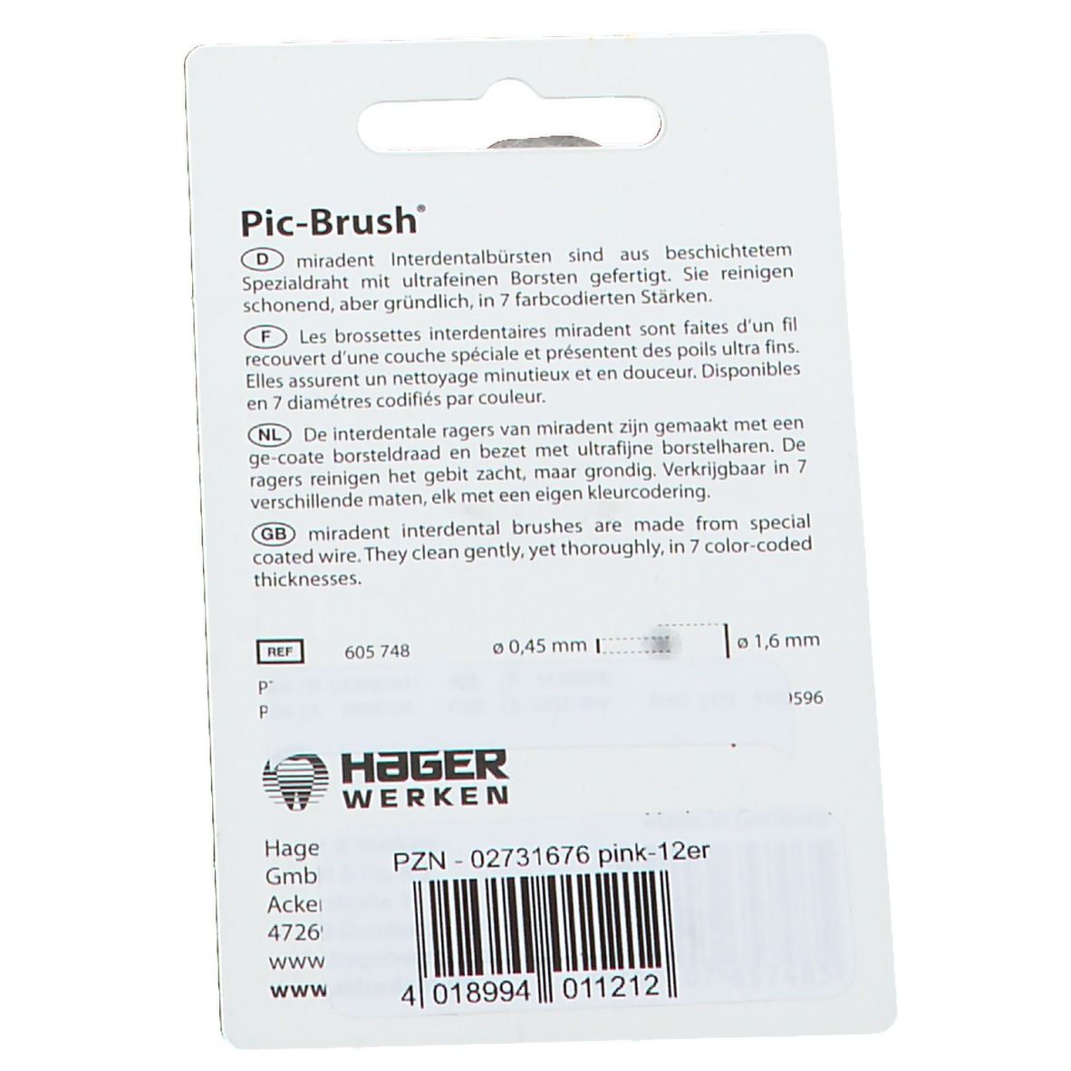 Dos de l'emballage Pic-Brush. Texte en allemand, français, néerlandais et anglais. Informations sur les brosses.