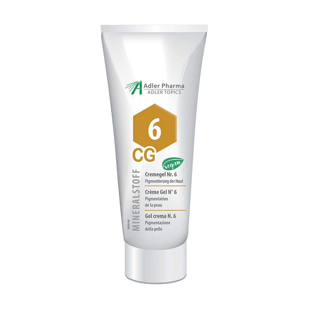 Tube blanc avec impression. Inscriptions : Adler Pharma, 6, CG, MINERALSTOFF, Crème Gel N° 6, label vegan. Désignations multilingues du produit.