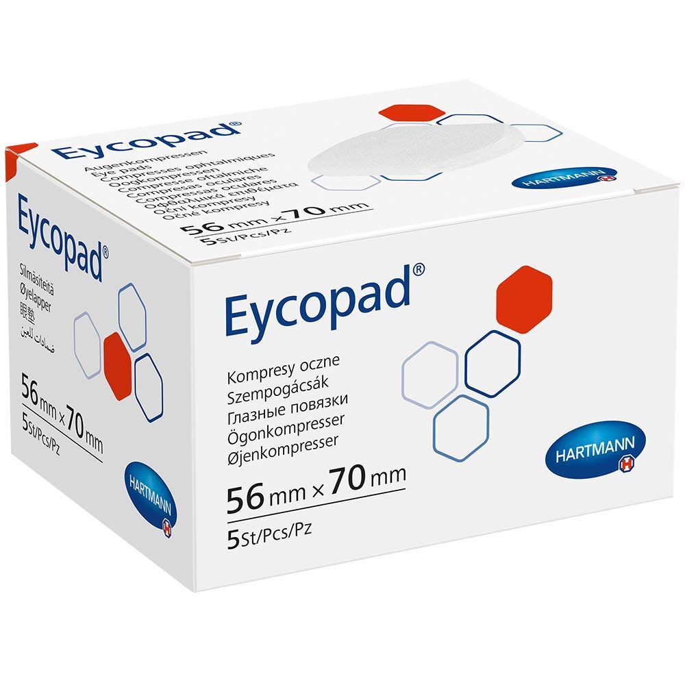 Boîte de compresses oculaires Hartmann Eycopad®. Carton blanc avec nom et taille du produit. Logo Hartmann.