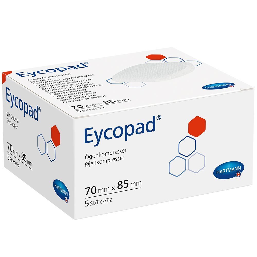 Boîte de compresses oculaires Eycopad. Dimensions : 70mm x 85mm. 5 pièces par paquet. Marque : Hartmann.