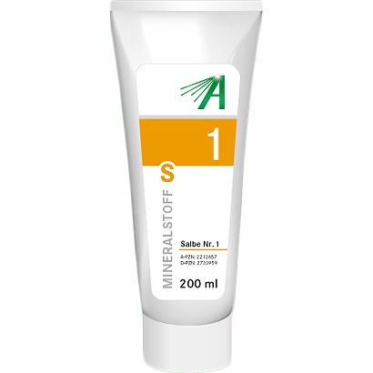Tube blanche avec étiquette jaune et blanche. MINERALSTOFF Salbe Nr. 1, texte vert et noir. 200 ml.