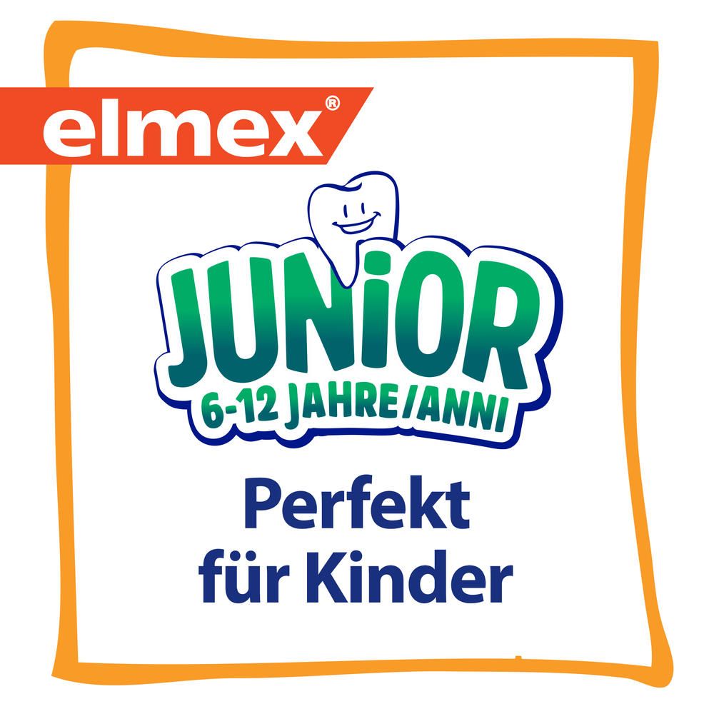 Logo elmex Junior. Texte : Junior, 6-12 ans/anni, Parfait pour les enfants. Encadré par un carré orange.