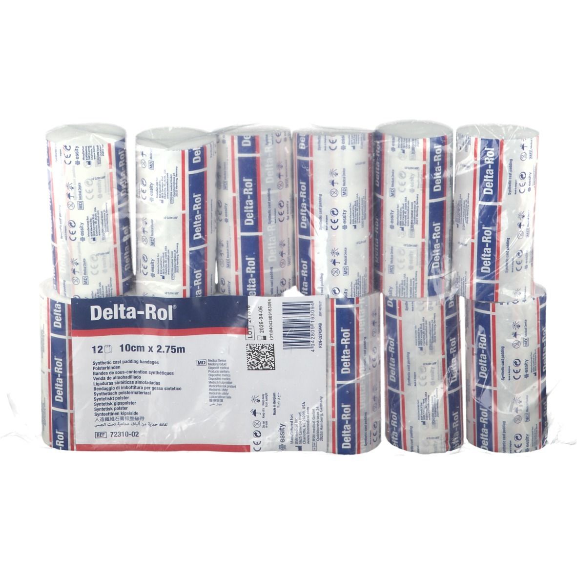 Emballage de bandages Delta-Rol. 12 rouleaux, 10cm x 2,75m. Bandages blancs avec texte bleu. Emballés individuellement.