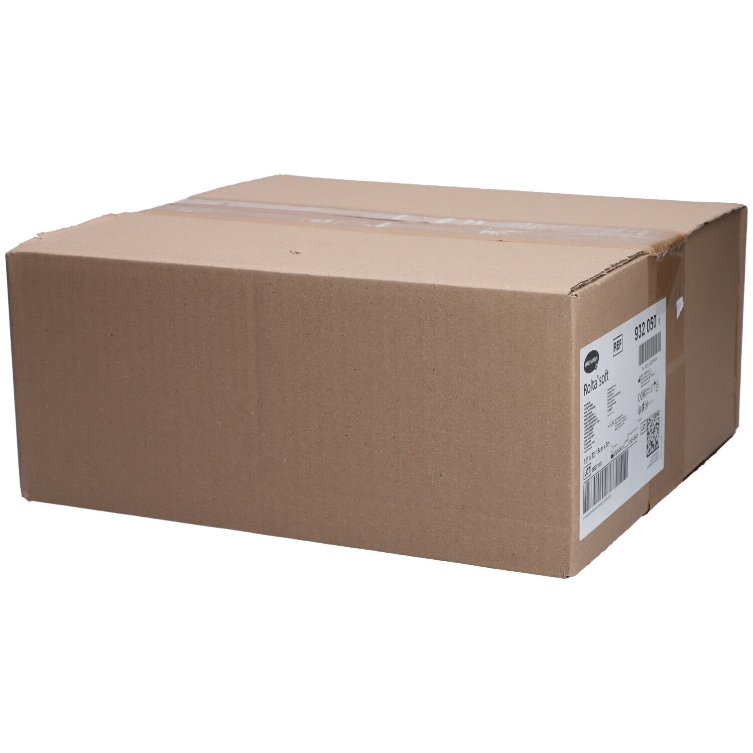 Emballage en carton brun avec étiquette. Étiquette avec informations produit et code-barres. Logo Rolta® soft visible.