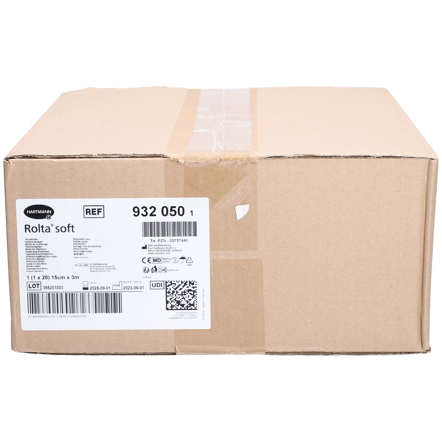 Emballage en carton brun avec étiquette. Étiquette avec informations produit et code-barres. Logo Rolta® soft visible.