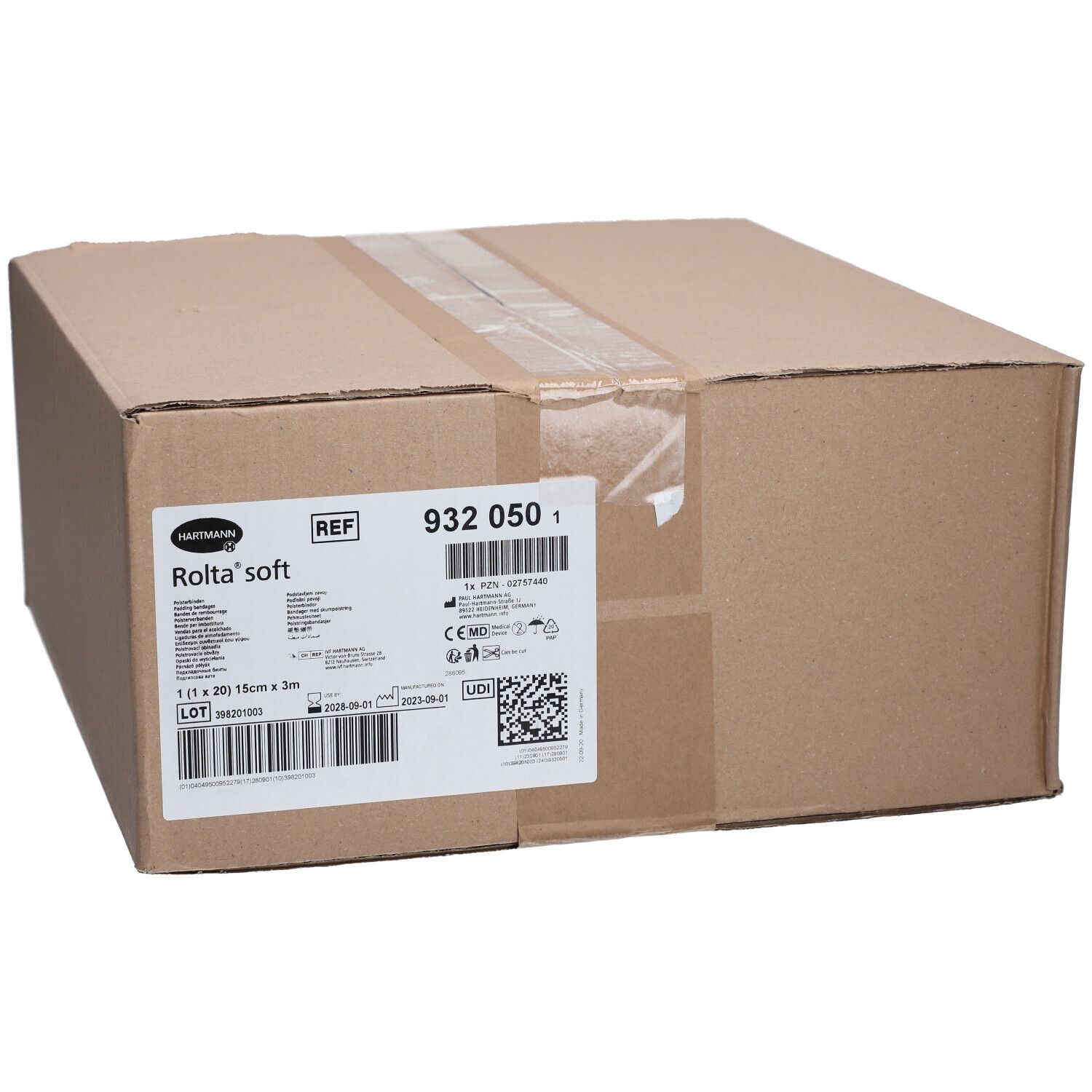 Emballage en carton brun avec étiquette. Étiquette avec informations produit et code-barres. Logo Rolta® soft visible.