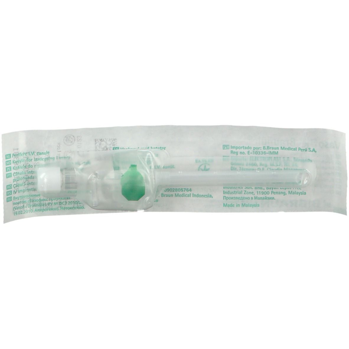 Cathéter IV Vasofix Braunüle, emballé. Vert, transparent. Fermeture blanche. Inscriptions.