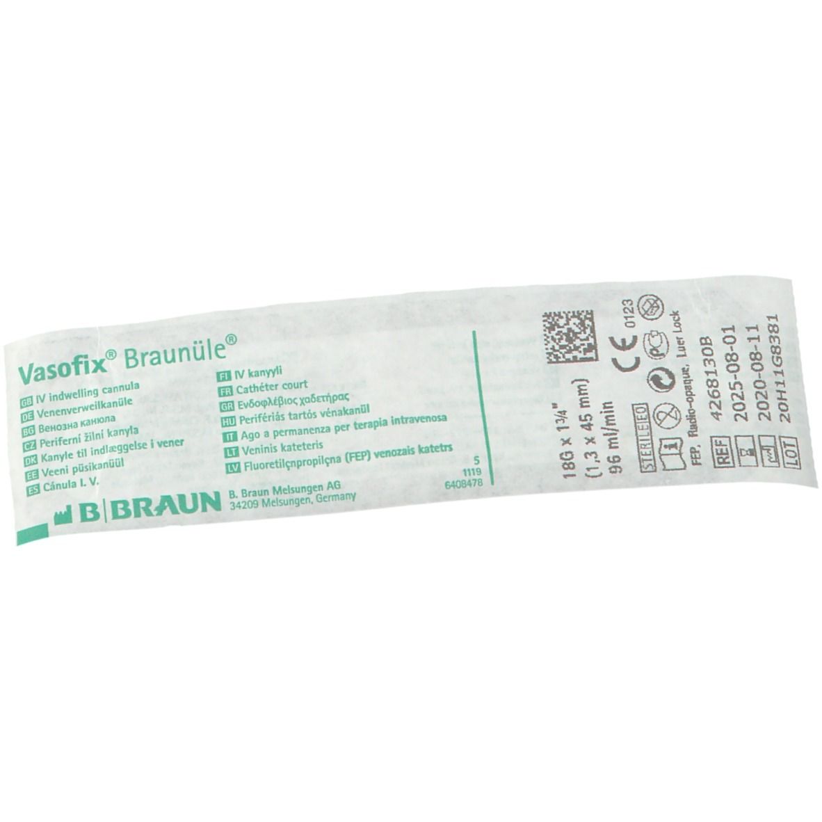 Emballage de la canule. Inscriptions: Vasofix Braunüle, taille, numéro de lot, date d'expiration, marquage CE.