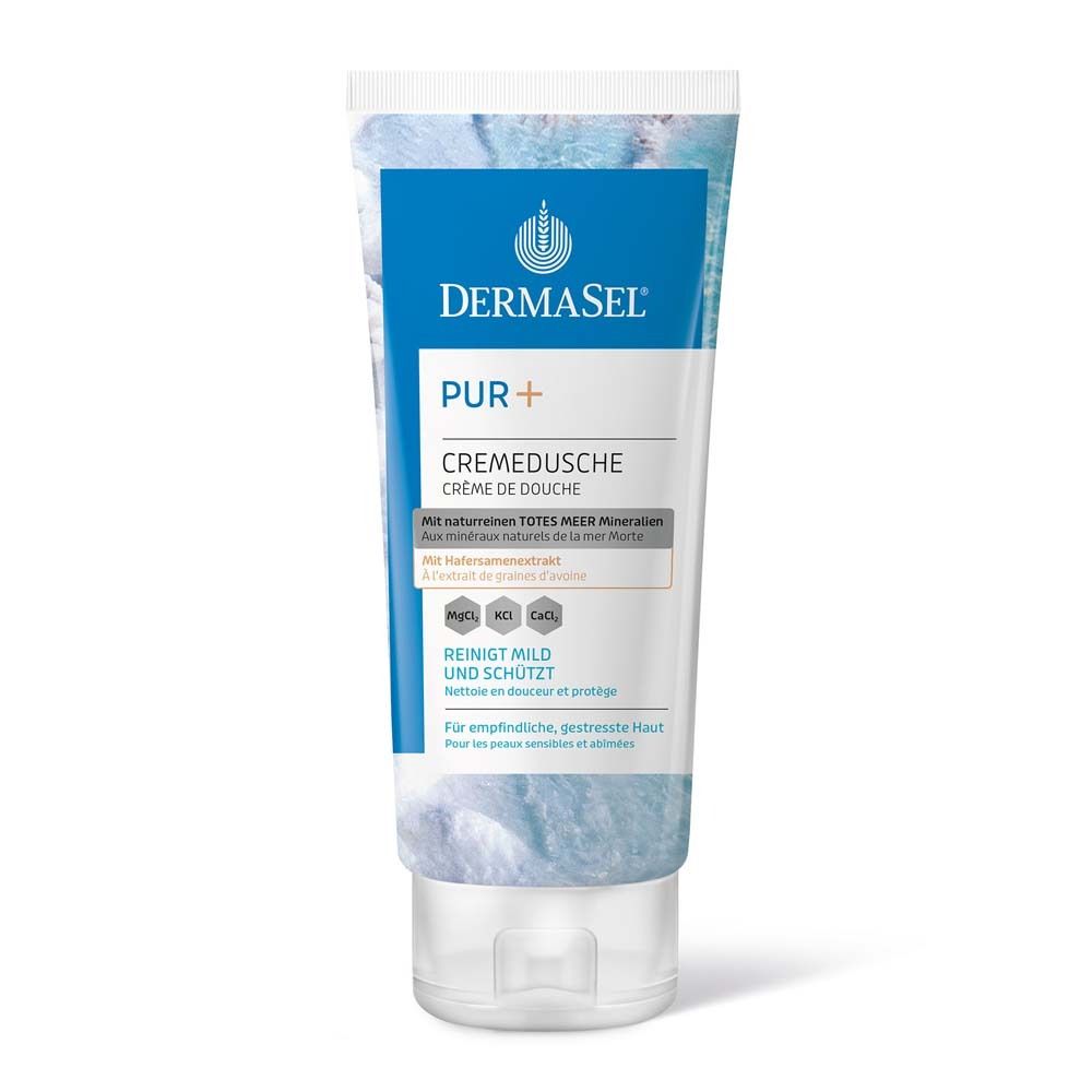 Tube de crème de douche DermaSel PUR+. Inscription : Nettoie en douceur et protège. Pour peaux sensibles.