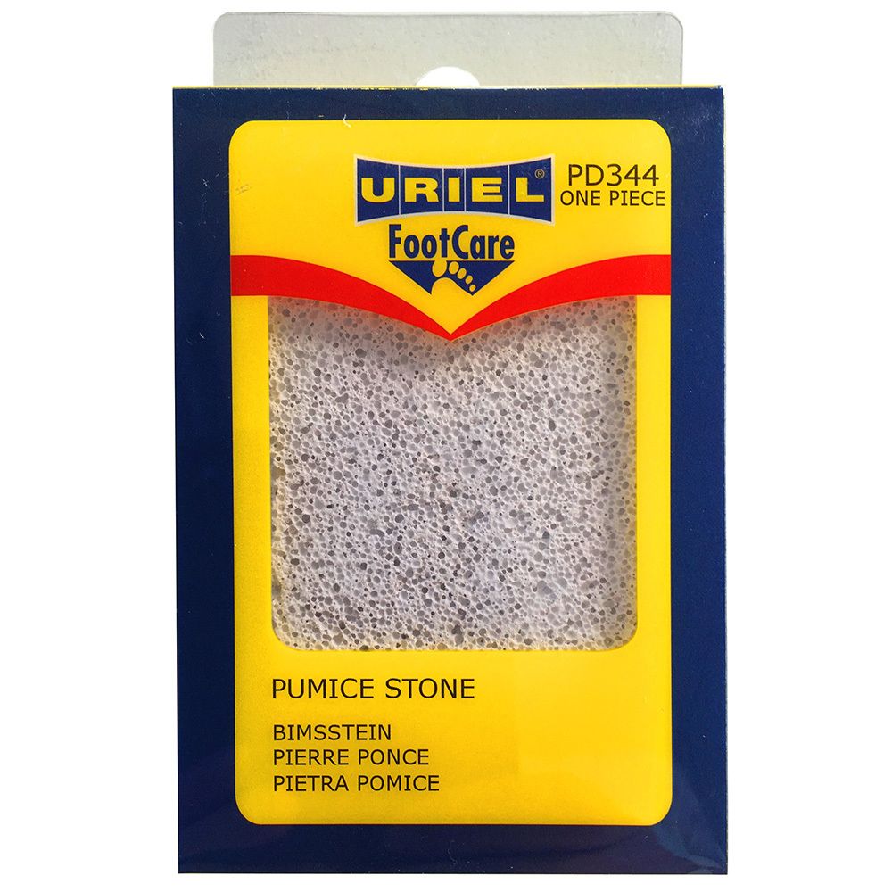 Pierre ponce Uriel Foot Care. Pierre ponce rectangulaire dans un emballage jaune et bleu. Nom du produit et marque visibles.