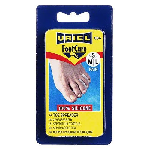 Emballage blister avec écarteurs d'orteils. Carte jaune avec image du produit et logo de la marque. Taille S-M-L.