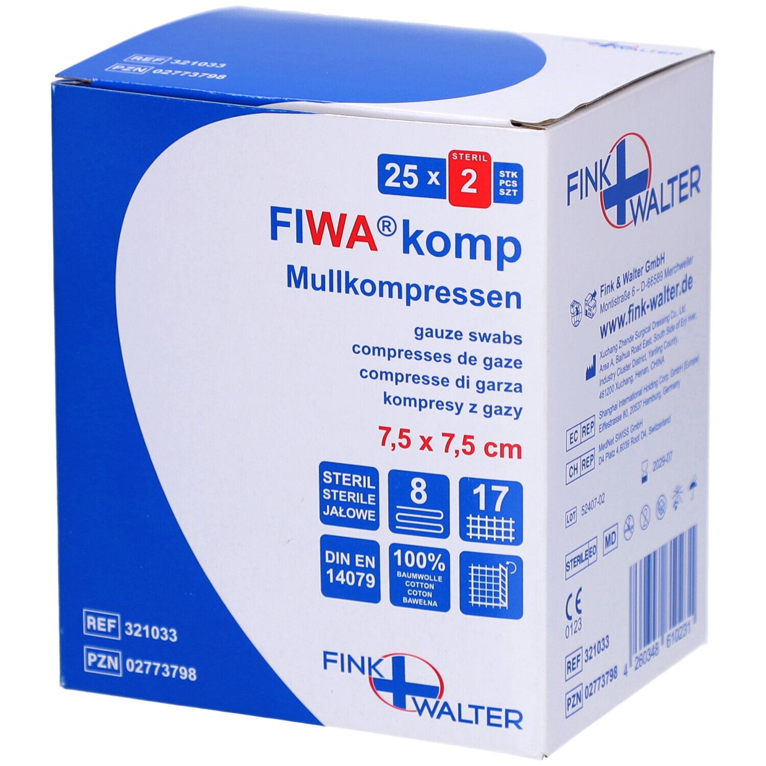 Boîte de compresses de gaze FIWA® komp. Dimensions 7,5 x 7,5 cm. Stérile. 100% coton. DIN EN 14079.