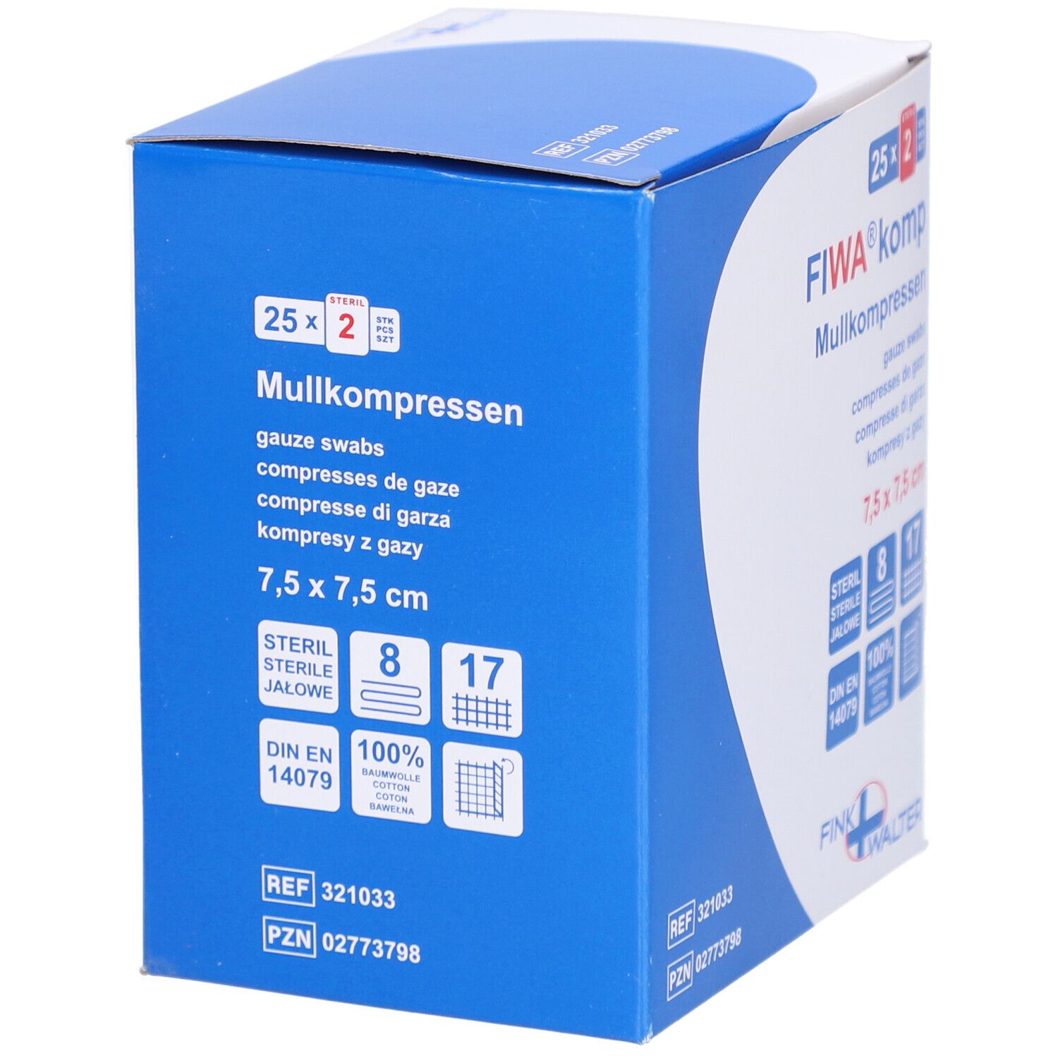 Boîte bleue de compresses de gaze FIWA® komp. Dimensions 7,5 x 7,5 cm. Stérile. 100% coton. DIN EN 14079.