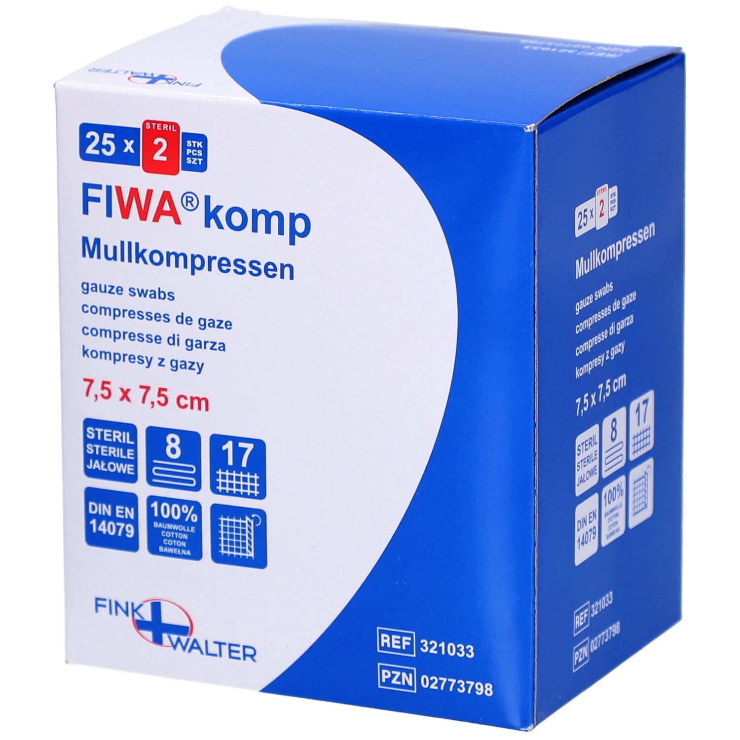 Boîte de compresses de gaze FIWA® komp. Dimensions 7,5 x 7,5 cm. Stérile. 100% coton. DIN EN 14079.