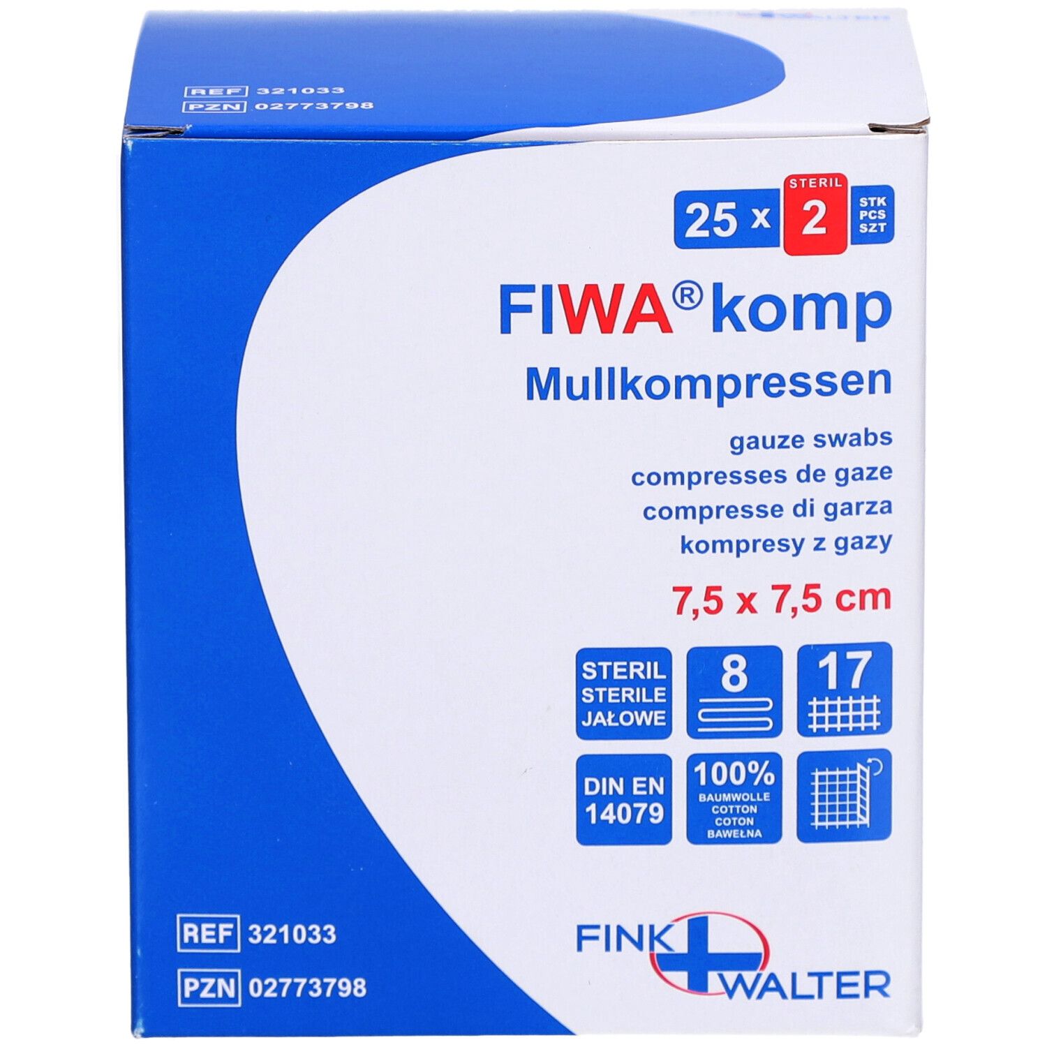 Boîte de compresses de gaze FIWA® komp. Dimensions 7,5 x 7,5 cm. Stérile. 100% coton. DIN EN 14079.