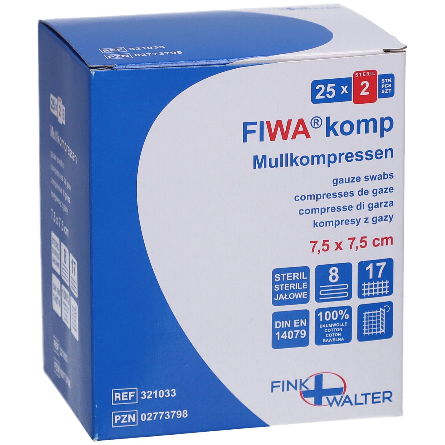 Boîte de compresses de gaze FIWA® komp. Dimensions 7,5 x 7,5 cm. Stérile. 100% coton. DIN EN 14079.
