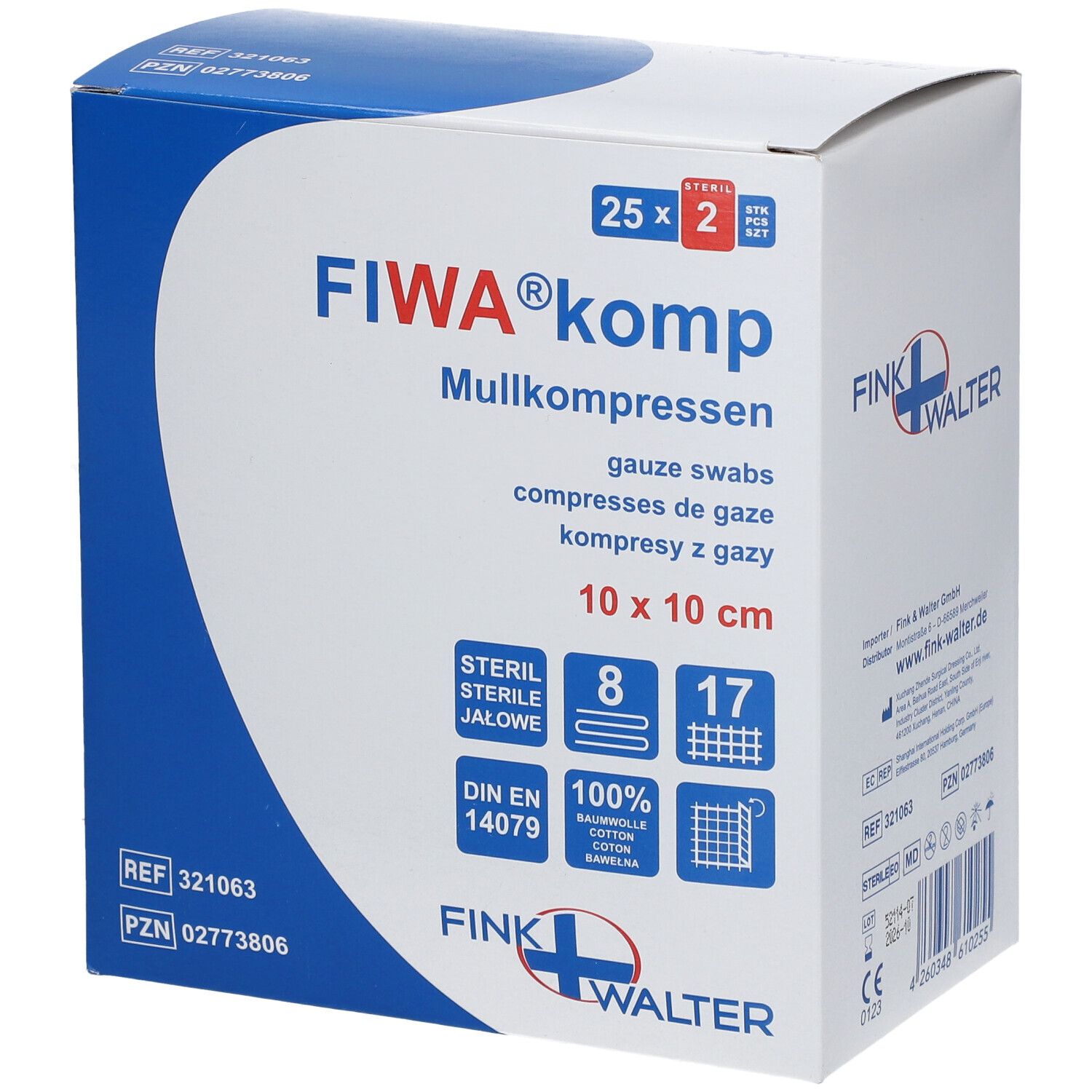 Emballage de compresses de gaze FIWA® komp. 10 x 10 cm, stérile. 25 x 2 pièces. Coton. Marque et logo visibles.