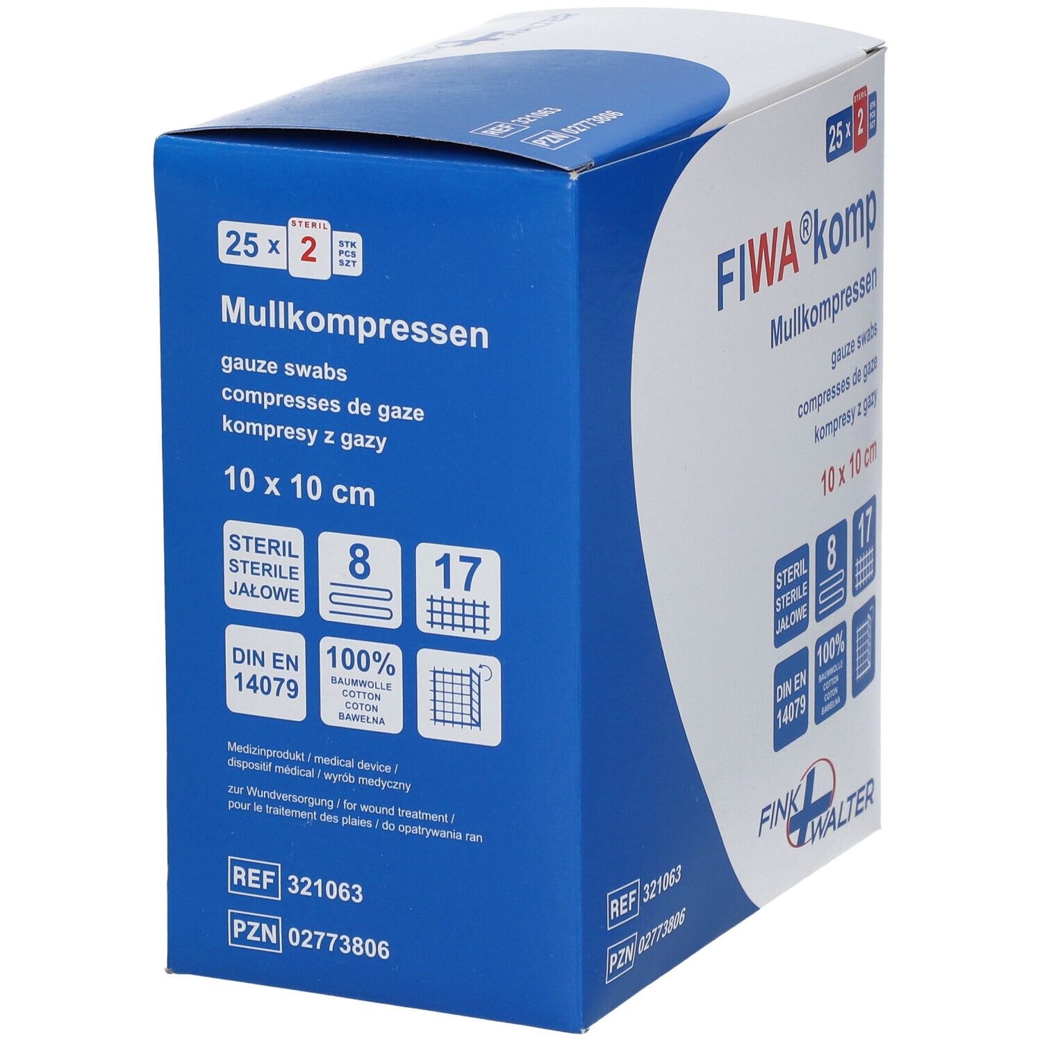Emballage de compresses de gaze FIWA® komp. 10 x 10 cm, stérile. 25 x 2 pièces. Coton. Marque et logo visibles.