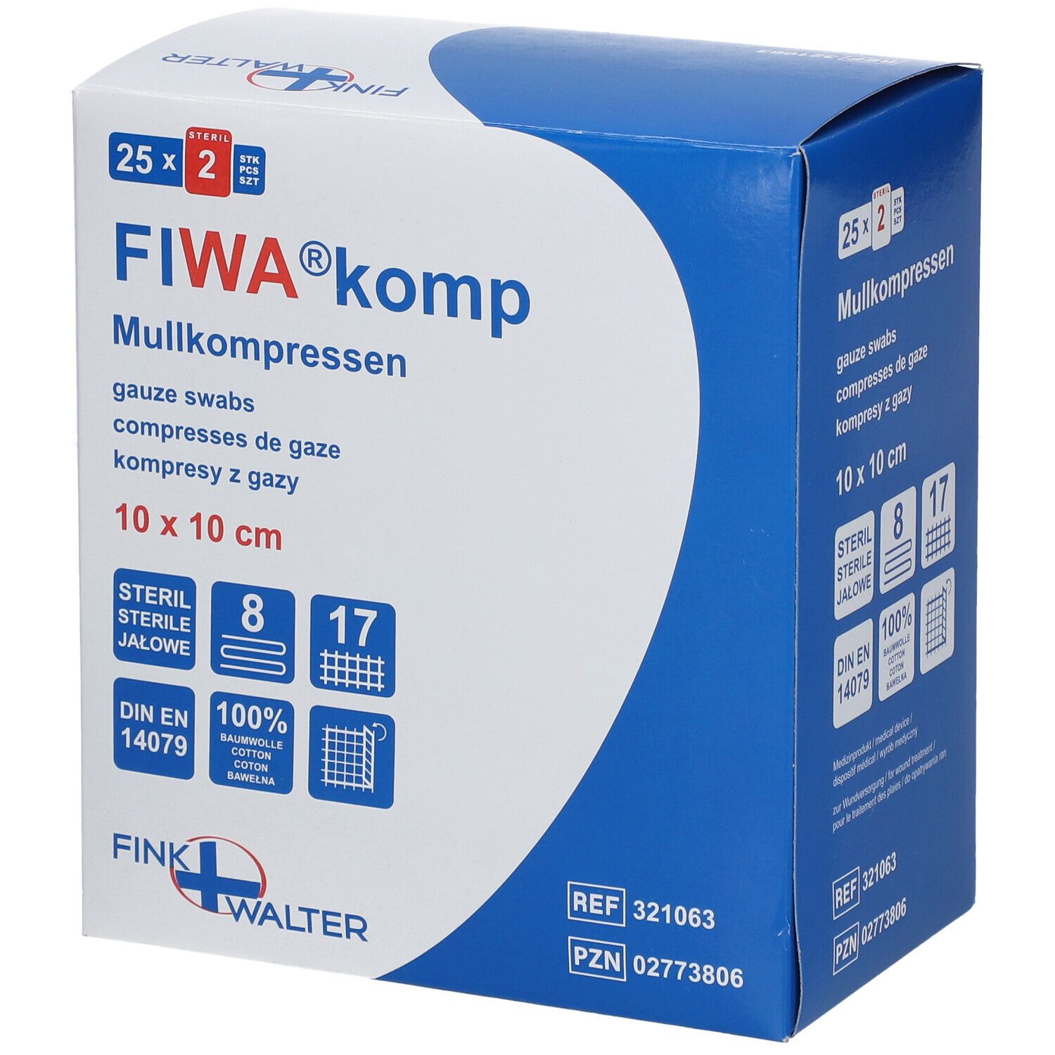 Emballage de compresses de gaze FIWA® komp. 10 x 10 cm, stérile. 25 x 2 pièces. Coton. Marque et logo visibles.