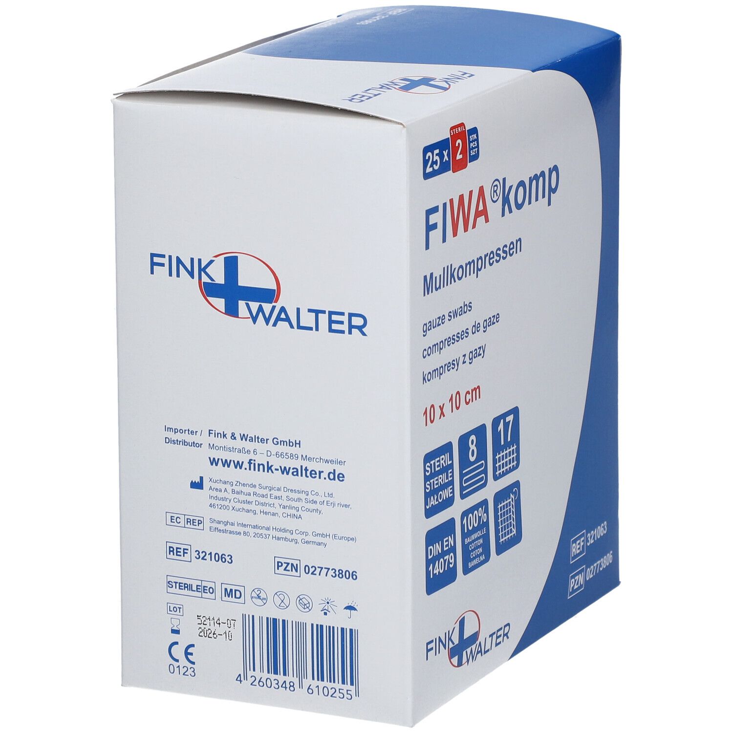 Emballage de compresses de gaze FIWA® komp. 10 x 10 cm, stérile. 25 x 2 pièces. Coton. Marque et logo visibles.
