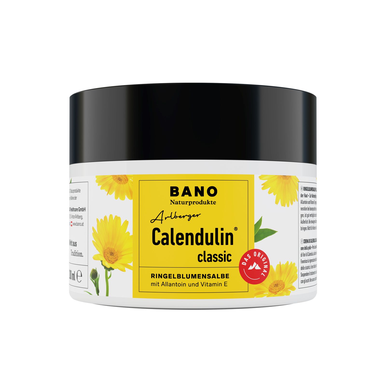 Pot de crème à couvercle noir. Étiquette avec le nom du produit Calendulin classic et Ringelblumensalbe. Fond jaune avec des fleurs.
