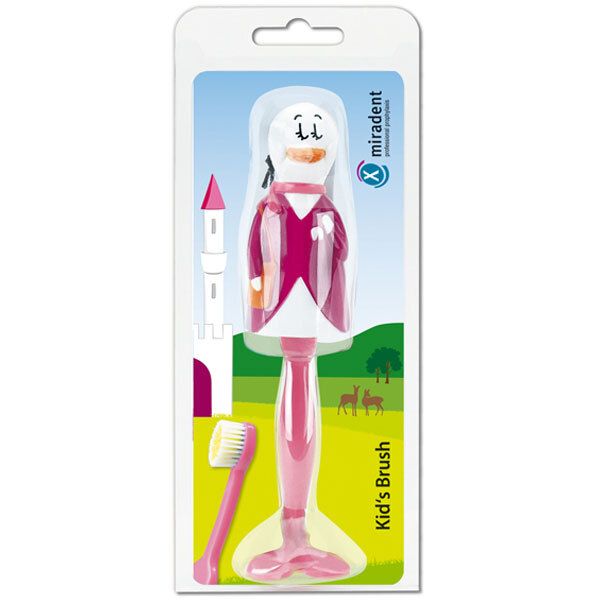 Brosse à dents rose avec personnage. Emballage blister. Logo "miradent".
