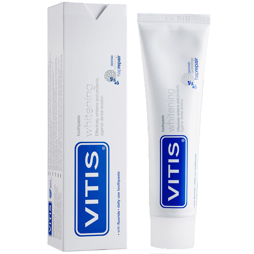 Tube et boîte de dentifrice blanches, logo bleu et texte. VITIS® whitening.