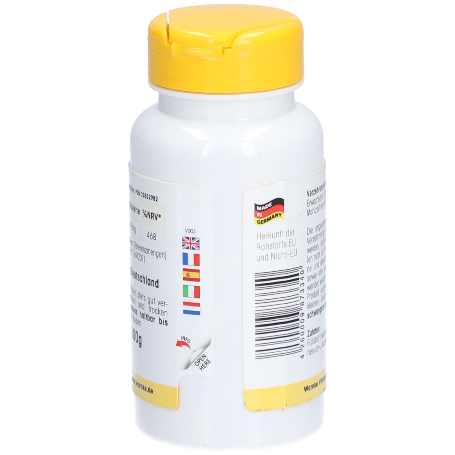 Dos du flacon blanc à bouchon jaune. Texte en allemand. Code-barres et pays d'origine.