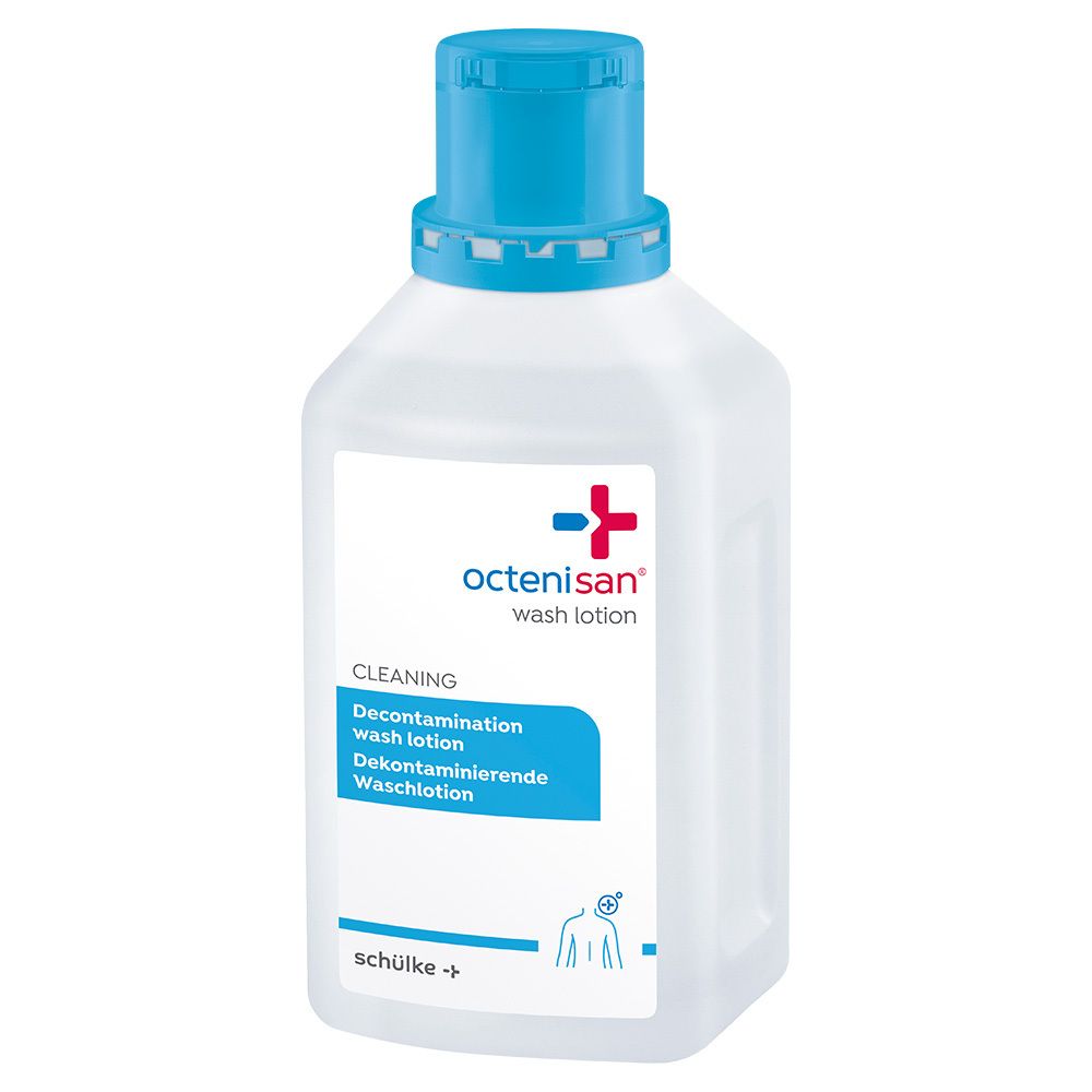 Flacon octenisan® Waschlotion avec bouchon bleu. Étiquette avec nom du produit, logo et texte. Produit nettoyant.