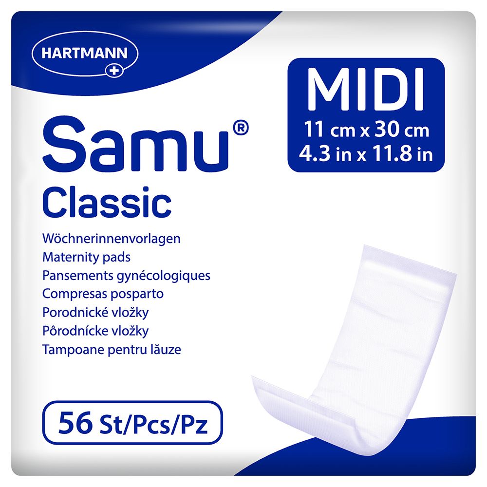 Paquet de protections post-partum Samu Classic Midi. 56 pièces. Dimensions : 11 x 30 cm. Marque Hartmann. Nom du produit et taille visibles.