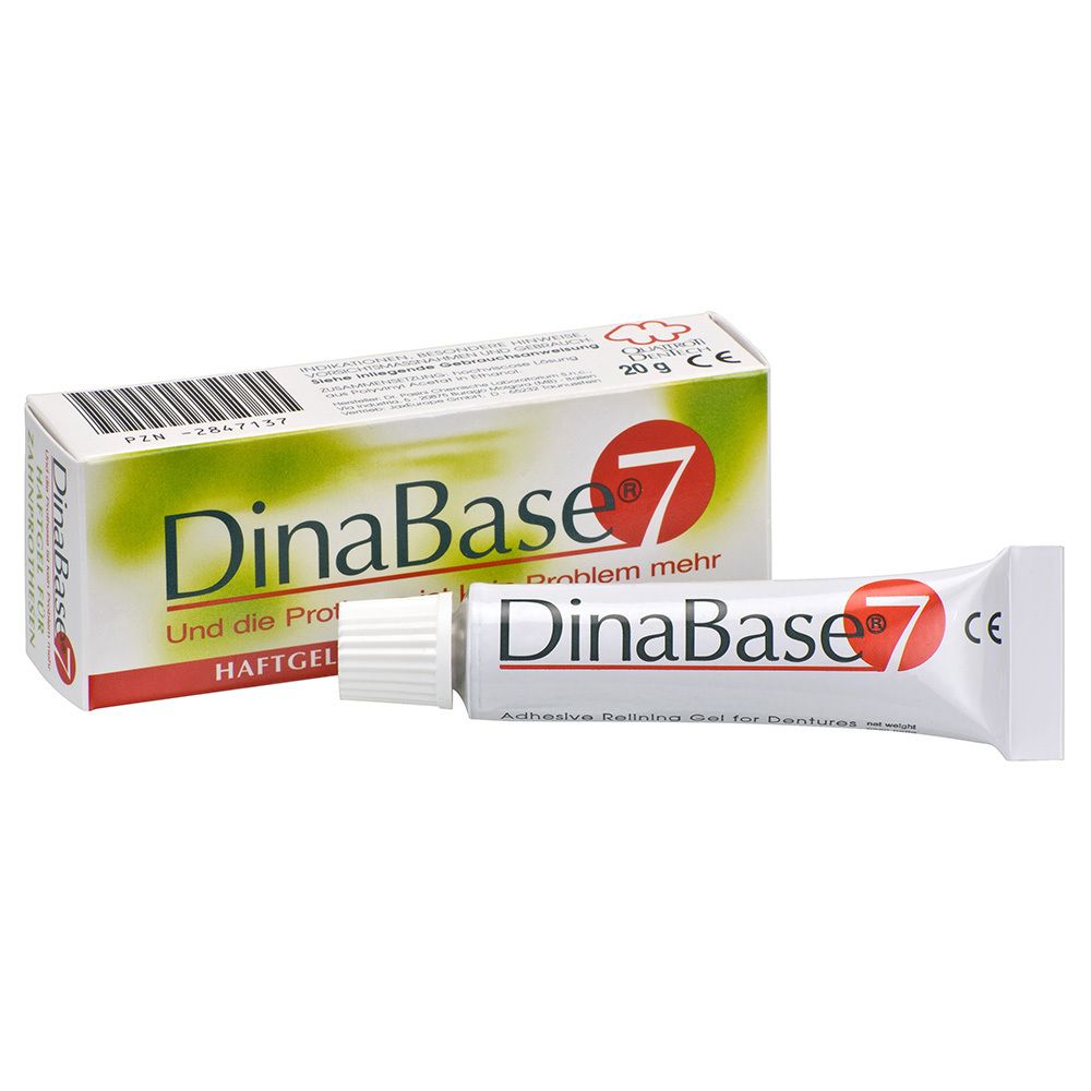 Gel adhésif pour prothèses DinaBase 7, tube et boîte. Inscription: Haftgel, DinaBase 7. Marque CE.