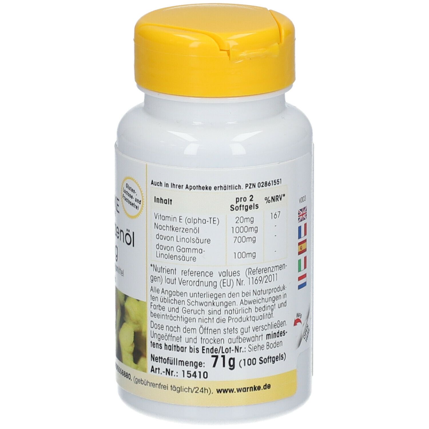 Flacon blanc à bouchon jaune. Inscription: WARNKE Nachtkerzenöl 500mg. Complément alimentaire. 100 gélules.