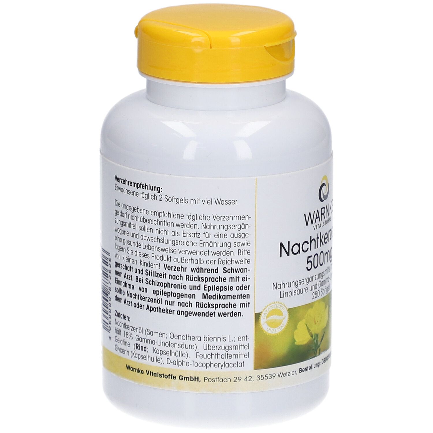 Dos de la bouteille blanche à bouchon jaune. Texte sur les recommandations et ingrédients. WARNKE Nachtkerzenöl 500mg.