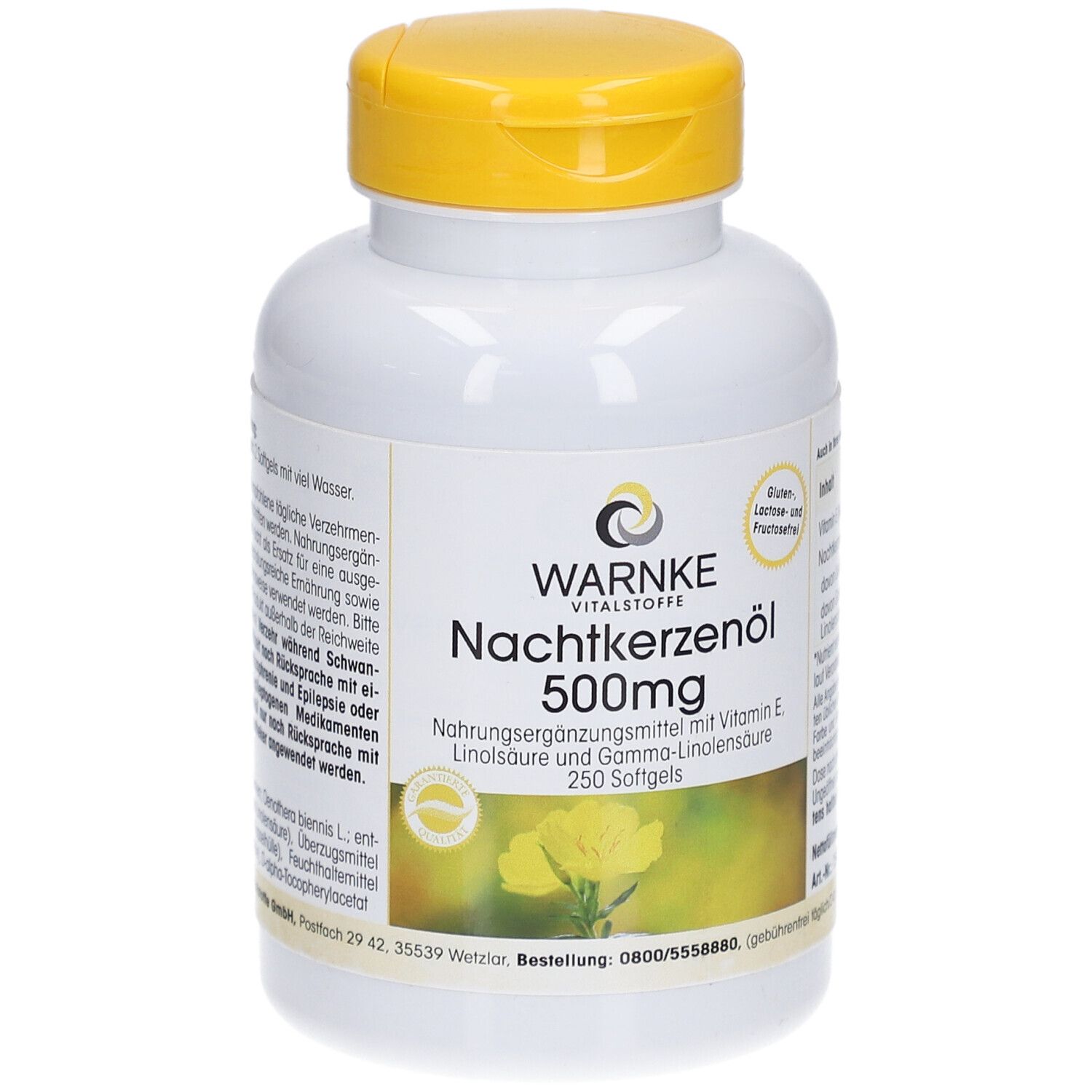 Flacon blanc à bouchon jaune. Inscription: WARNKE, Nachtkerzenöl 500mg, 250 gélules. Sans gluten, lactose et fructose.