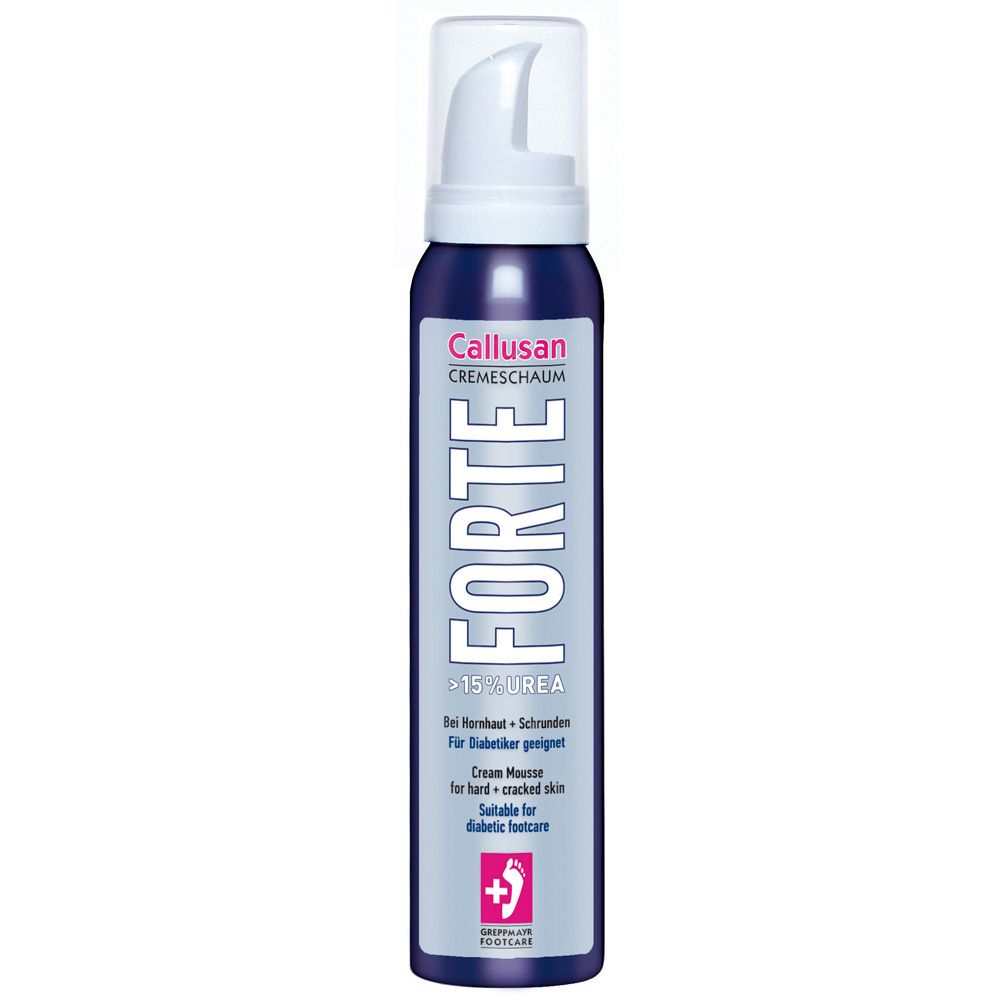 Flacon pulvérisateur bleu avec tête de pompe blanche. Inscription : Callusan Cremeschaum FORTE, >15% UREA. Convient aux soins des pieds diabétiques.