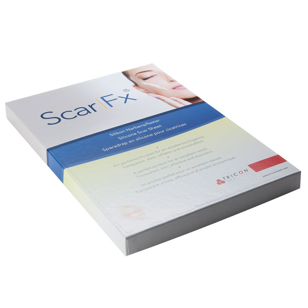 Boîte Scar Fx. Emballage blanc et bleu. Texte: Sparadrap en silicone pour cicatrices. Image d'un visage.