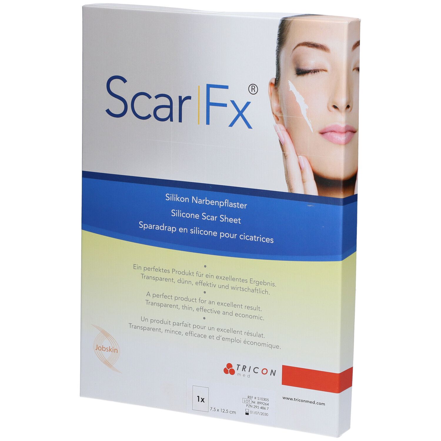 Boîte de Scar Fx, pansement en silicone pour cicatrices. Inscription: Silikon Narbenpflaster, Silicone Scar Sheet, Sparadrap en silicone pour cicatrices. Taille: 7,5 x 12,5 cm.