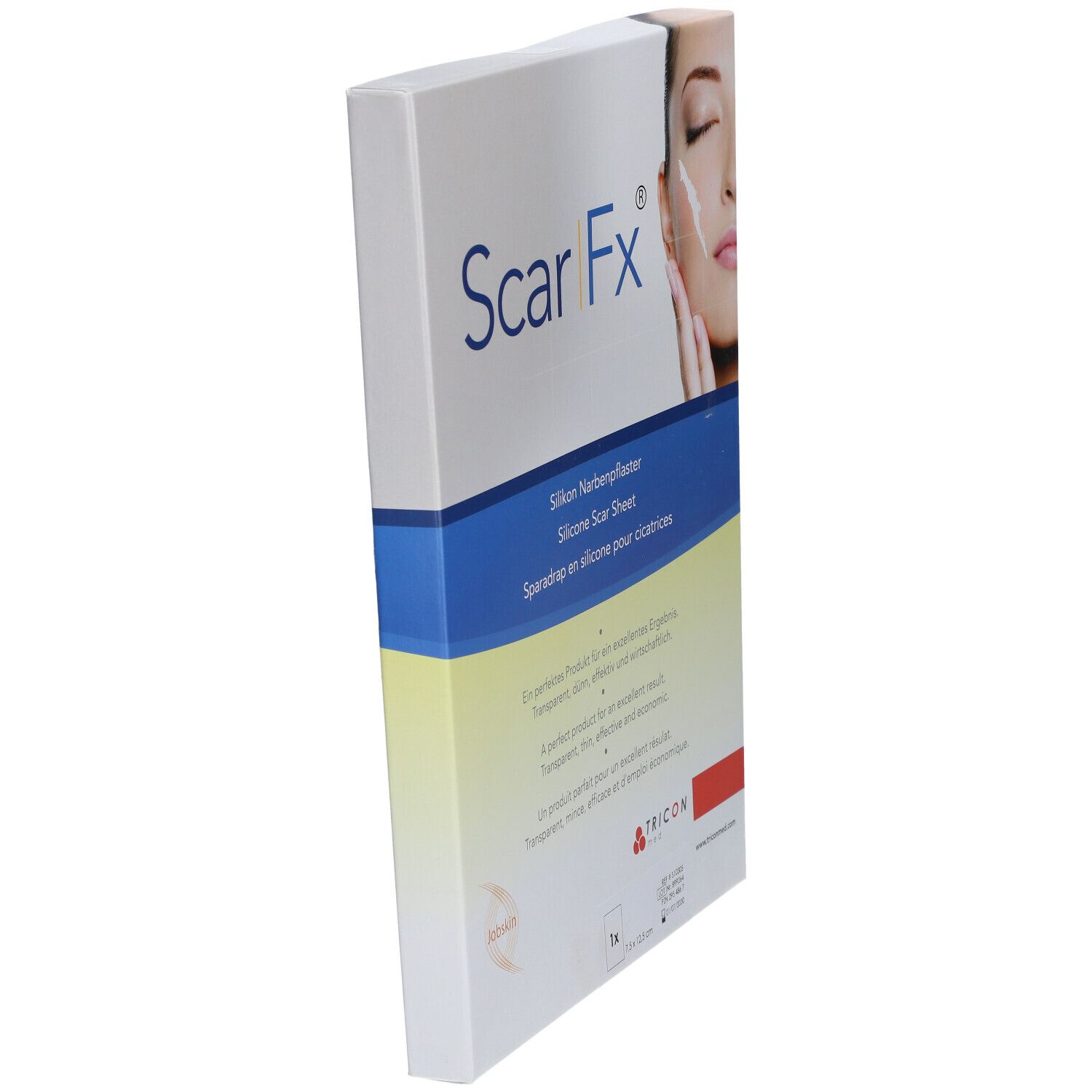 Boîte de Scar Fx en biais, pansement en silicone pour cicatrices. Inscription: Silikon Narbenpflaster, Silicone Scar Sheet, Sparadrap en silicone pour cicatrices. Blanc, bleu, jaune.