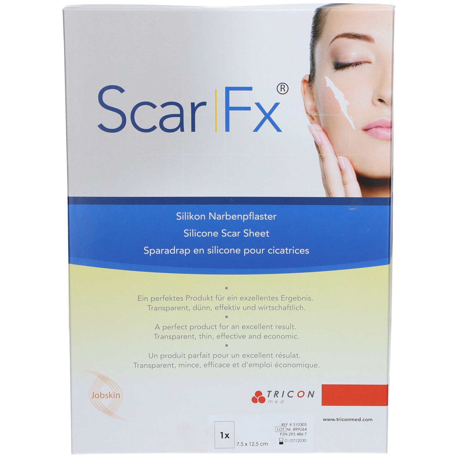 Boîte de Scar Fx, pansement en silicone pour cicatrices. Inscription: Silikon Narbenpflaster, Silicone Scar Sheet, Sparadrap en silicone pour cicatrices. Taille: 7,5 x 12,5 cm.