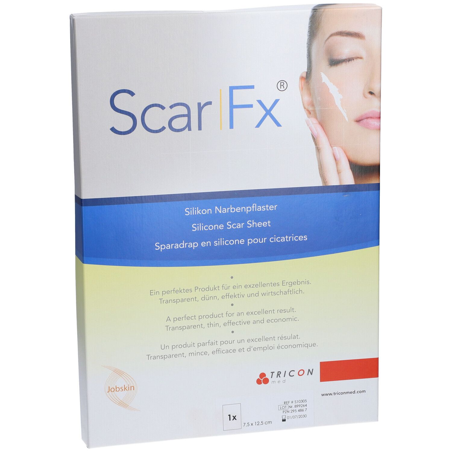 Boîte de Scar Fx, pansement en silicone pour cicatrices. Inscription: Silikon Narbenpflaster, Silicone Scar Sheet, Sparadrap en silicone pour cicatrices. Taille: 7,5 x 12,5 cm.