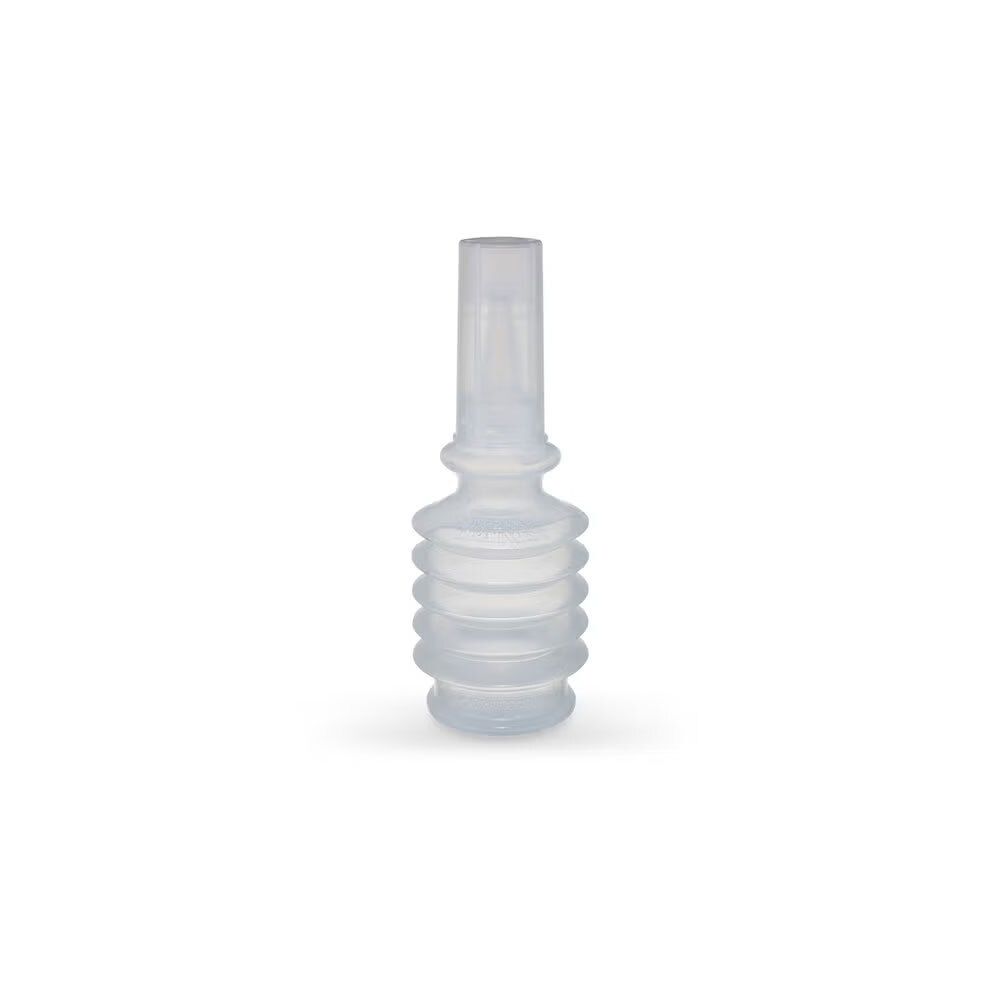 Flacon transparent en forme de poire avec surface cannelée. Col cylindrique.