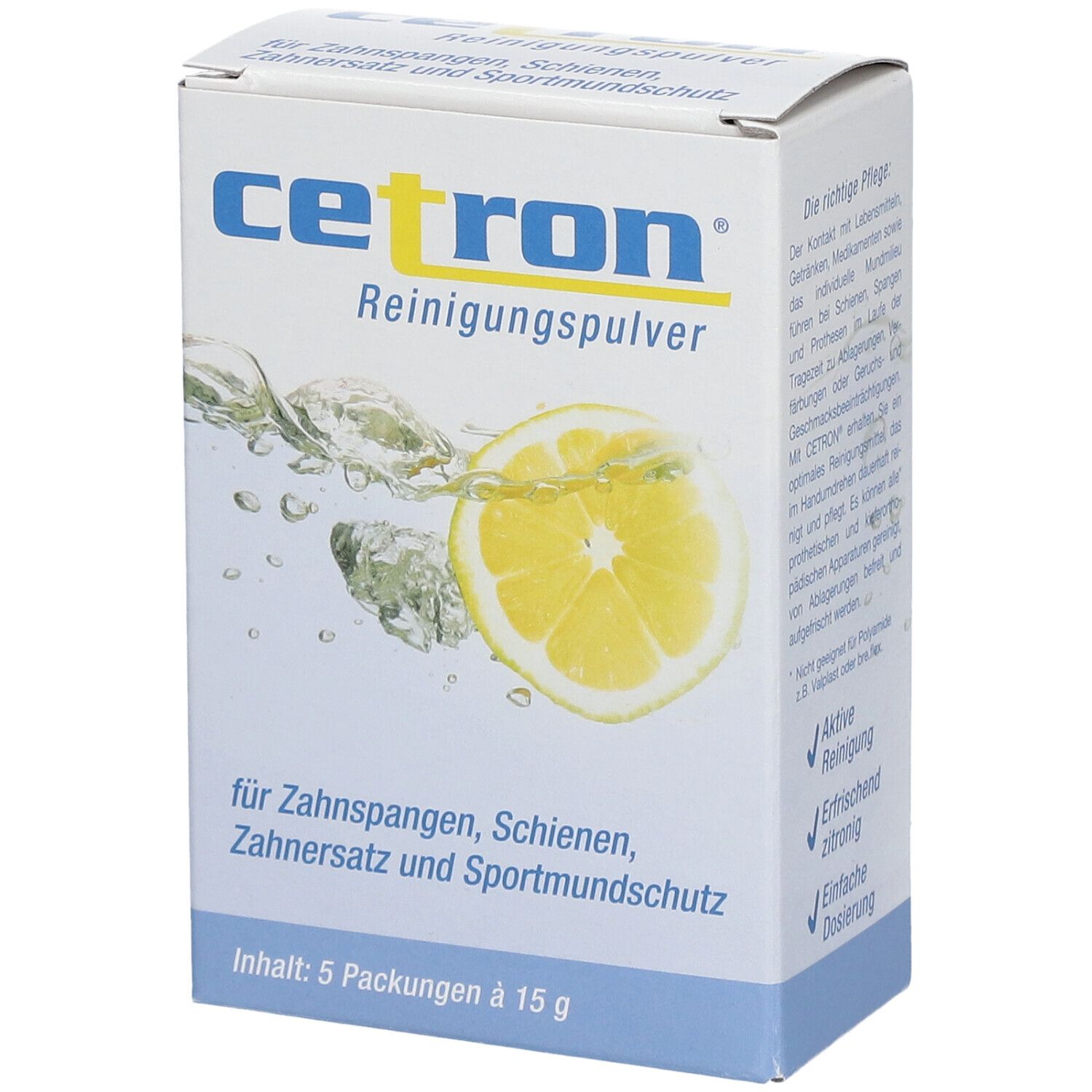 Emballage de poudre nettoyante Cetron avec tranche de citron et éclaboussures d'eau.