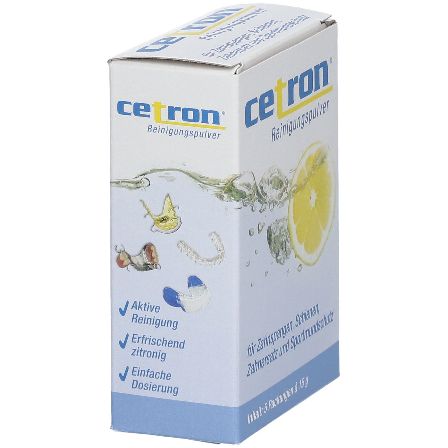 Emballage de poudre nettoyante Cetron avec tranche de citron, éclaboussures d'eau et symboles d'appareils dentaires.