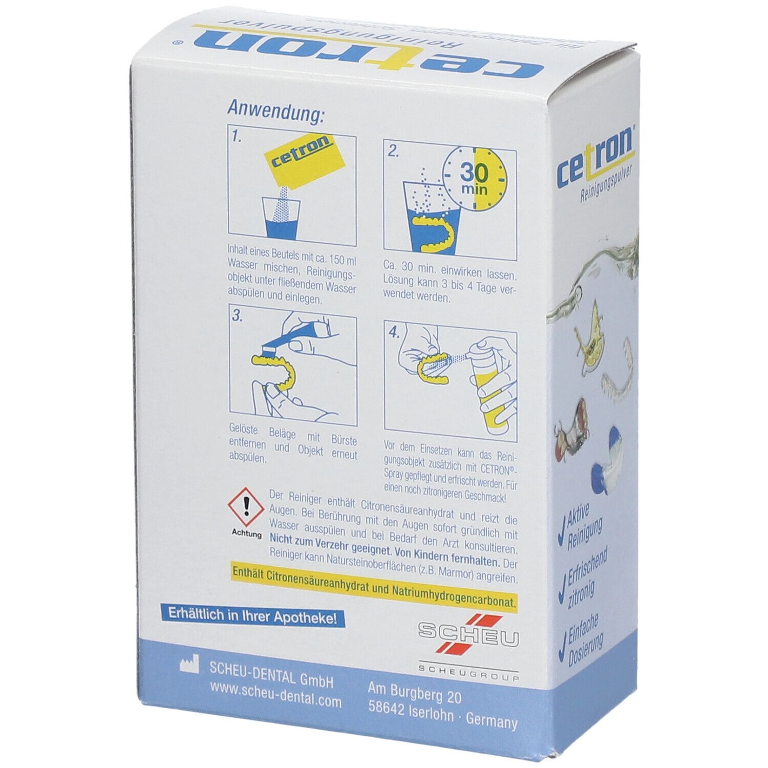 Arrière de l'emballage de poudre nettoyante Cetron avec instructions d'utilisation et symboles d'avertissement.
